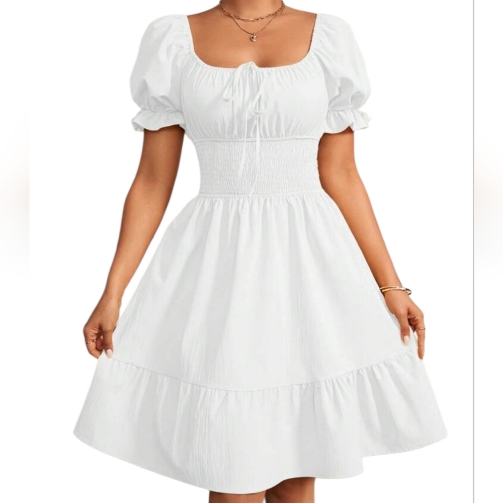 Rafferiza White Casual Puff Sleeve Fitted Waist Dress